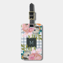 Aquarell-Blumen- und blauer Gingham mit Monogramm