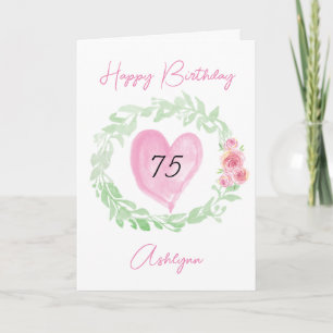 Aquarell-Blumen und Herz zum 75. Geburtstag Karte