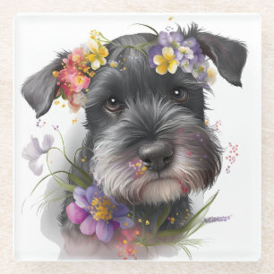Aquarell-Blumen und Schnauzer-Welpe Glasuntersetzer