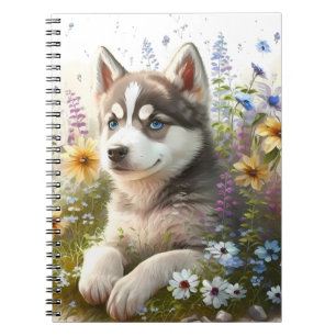 Aquarell-Blumen und sibirischer Husky-Welpe Notizblock