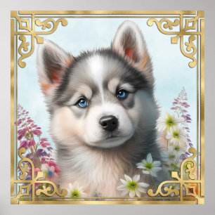 Aquarell-Blumen und sibirischer Husky-Welpe Poster