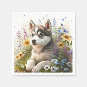 Aquarell-Blumen und sibirischer Husky-Welpe Serviette