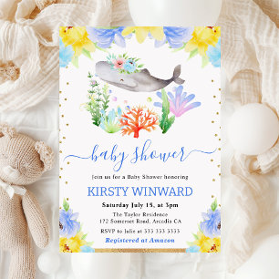 Aquarell Blumen Unterwasser Wal Baby-Party Einladung