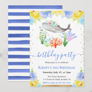 Aquarell Blumen Unterwasser Wal Geburtstag Einladung