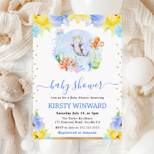 Aquarell-Blumen-Unterwassertiere-Baby-Party Einladung