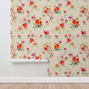 Aquarell Blumen Vibrantes Korallenrot, Rosa und Or Tapete