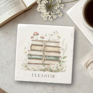 Aquarell-Blumen-Vintage-Bücher Personalisiert  Steinuntersetzer