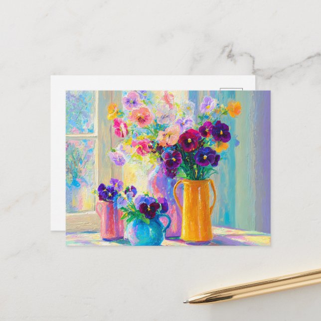 Aquarell-Blumen Violette und Rosa Stiefmütterchen Postkarte (Vorderseite/Rückseite Beispiel)