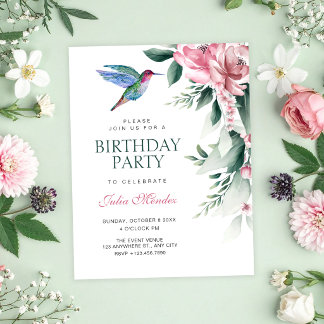 Aquarell Blumen Vogel Geburtstag Einladung