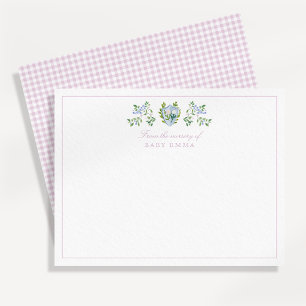 Aquarell-Blumen-Wappen-Gingham-Kinderzimmer-Notizk Einladung