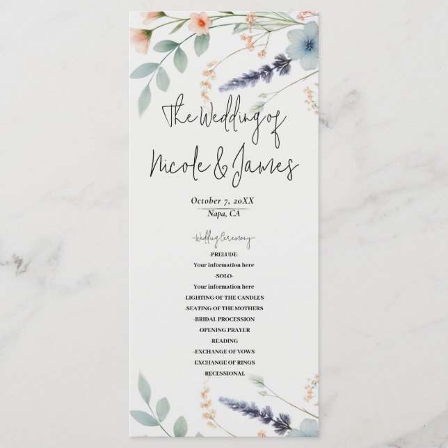 Aquarell-Blumen-Wildblumen-Hochzeitsprogramm Programm (Vorderseite)