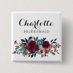 Aquarell-Blumenburgunder-Brautjungfern-Hochzeit Button
