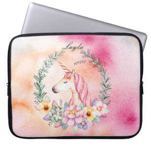 Aquarell-BlumenEinhorn-Fall mit Namen Laptopschutzhülle