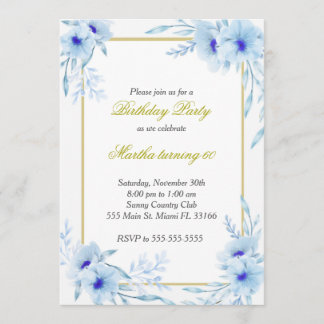 Aquarell Blumenfloral Geburtstag Einladung Blue Go