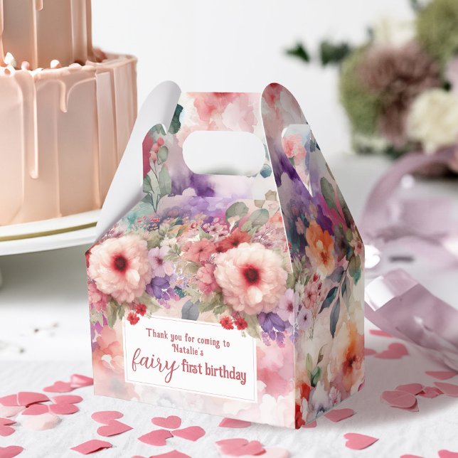 Aquarell Blumengarten Faia Erstgeburt Geschenkschachtel (Fairy First Birthday Watercolor floral favor Boxes)