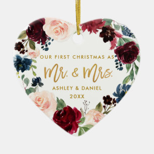 Aquarell-Blumengoldskript-erstes Weihnachten Keramik Ornament