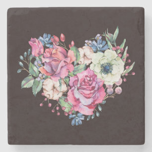 Aquarell-Blumenherz: antike Rosen. Steinuntersetzer