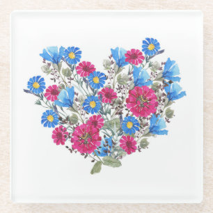 Aquarell-Blumenherz, helle Wildblumen-Anordnung Glasuntersetzer