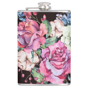 Aquarell-Blumenherz: Vintage-Rosen. Flachmann