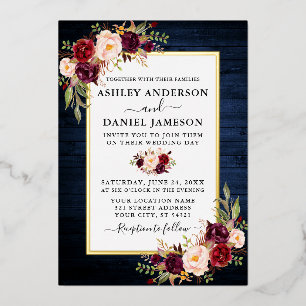 Aquarell-Blumenhochzeit Blau-Holz-Gold Folieneinladung