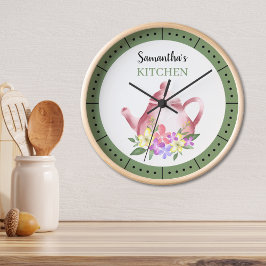 Aquarell Blumenkohl Teekanne Individuelle Name Küc Runde Wanduhr
