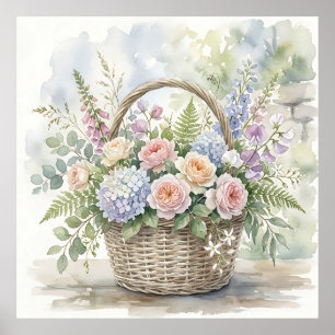 Aquarell-Blumenkorb mit Rosen und Hortensien Poster