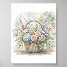 Aquarell-Blumenkorb mit Rosen und Hortensien