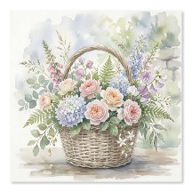 Aquarell-Blumenkorb mit Rosen und Hortensien
