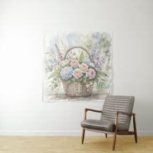 Aquarell-Blumenkorb mit Rosen und Hortensien