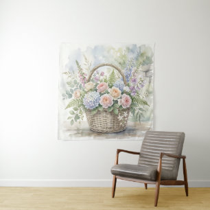 Aquarell-Blumenkorb mit Rosen und Hortensien Wandteppich