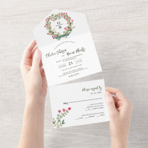Aquarell-Blumenkranz-Gartenhochzeit All In One Einladung