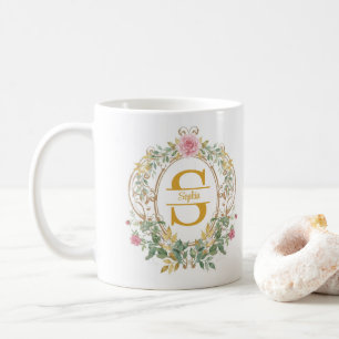 Aquarell-Blumenkranz Gold Anfangsbuchstabe Monogra Kaffeetasse