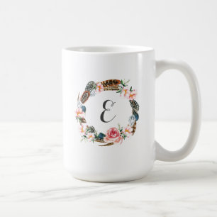 Aquarell-Blumenkranz mit Federn Monogramm Kaffeetasse