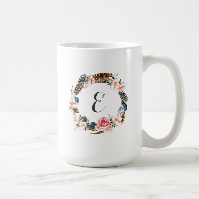 Aquarell-Blumenkranz mit Federn | Monogramm Kaffeetasse (Rechts)