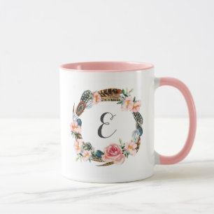 Aquarell-Blumenkranz mit Federn Monogramm Tasse