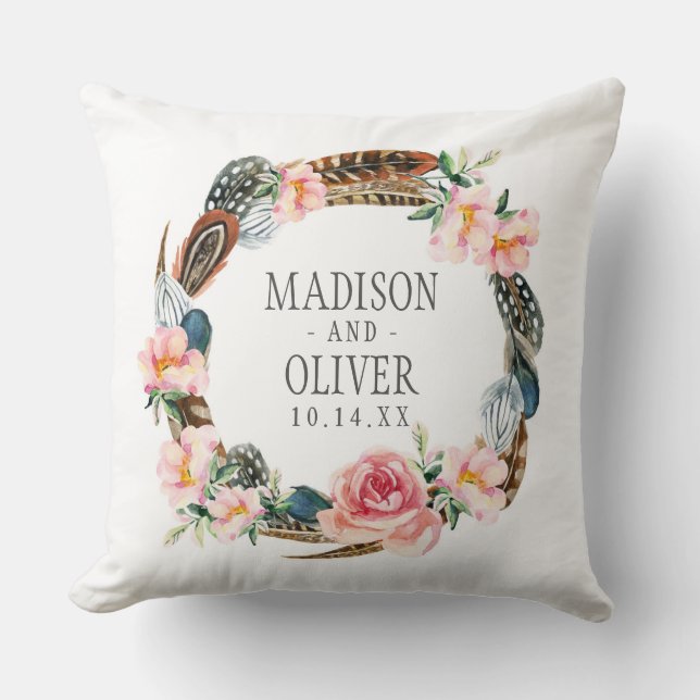 Aquarell-BlumenKranz mit Federn Wedding | Kissen (Vorderseite)