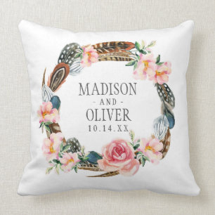 Aquarell-BlumenKranz mit Federn Wedding Kissen