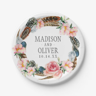 Aquarell-BlumenKranz mit Federn Wedding   Pappteller