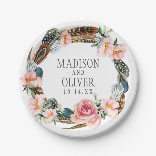 Aquarell-BlumenKranz mit Federn Wedding | Pappteller (Vorderseite)