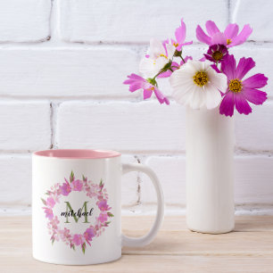 Aquarell-BlumenKranz-Namen-Monogramm Zweifarbige Tasse