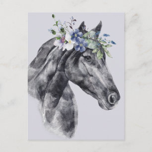 Aquarell-Blumenkrone Schwarzes Pferd Porträt Postkarte