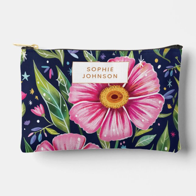 Aquarell-Blumenkunst Rosa Botanische Personalisier Zubehörtasche (Vorderseite)