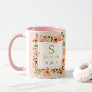 Aquarell-Blumenmonogramm I Benutzerdefinierte Gold Tasse
