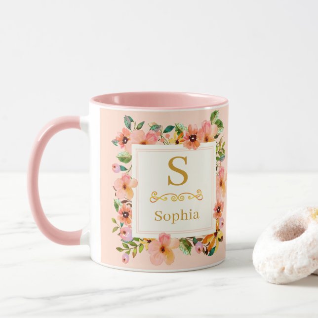 Aquarell-Blumenmonogramm I Benutzerdefinierte Gold Tasse (Mit Donut)