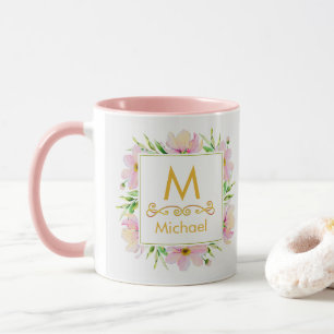 Aquarell-Blumenmonogramm I Goldinitiale & Name Tasse