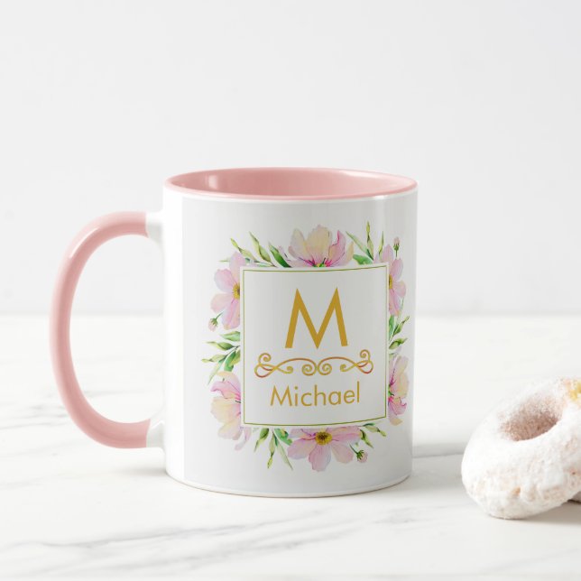 Aquarell-Blumenmonogramm I Goldinitiale & Name Tasse (Mit Donut)