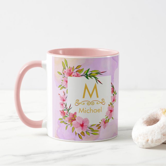 Aquarell-Blumenmonogramm I Goldinitiale & Name Tasse (Mit Donut)