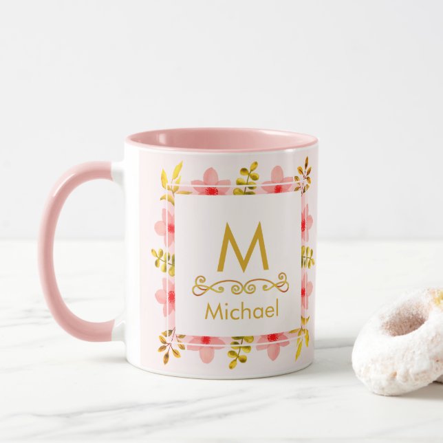 Aquarell-Blumenmonogramm I Goldinitiale & Name Tasse (Mit Donut)