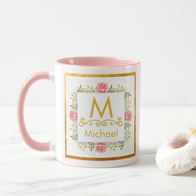 Aquarell-Blumenmonogramm I Goldinitiale & Name Tasse (Mit Donut)