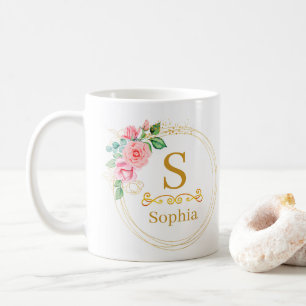 Aquarell-Blumenmonogramm I Individuelle Goldinitia Kaffeetasse